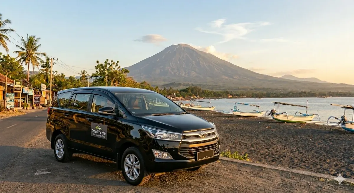 Amed coast and Mount Agung